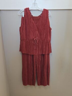 Women’s Rust Pleated Two Piece Cropped Wide Leg Pants And Top